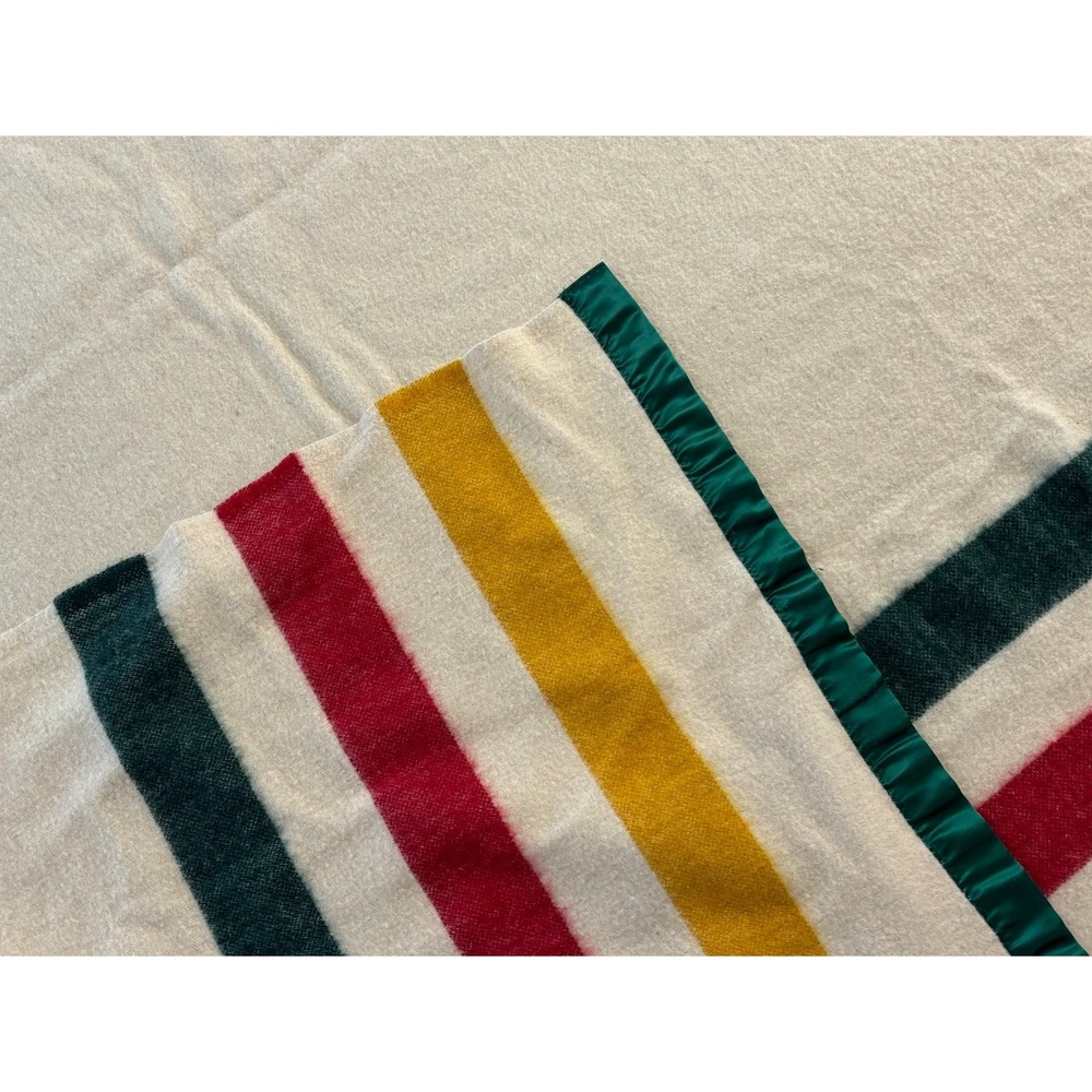 Vintage Hudson Bay Style Striped Wool Blanket Multicolor Satin Trim 50x86